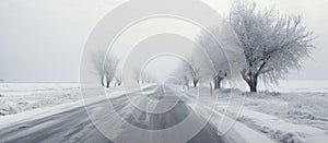 Snowcovered road with trees lining the asphalt, under a foggy sky