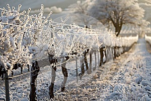 Snowcovered vineyard with icy fence, enhancing the natural landscape