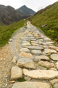 Snowdon stone flagged path up to peak of Snowdon Miners track.