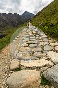 Snowdon stone flagged path up to peak of Snowdon Miners track.