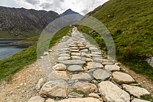 Snowdon stone flagged path up to peak of Snowdon Miners track.