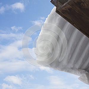 Snowdrift slides off the roof as a result of a thaw. Represents a danger