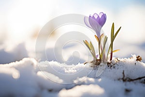 Snowdrop first blue crocus flowers, spring saffron snow shooting from ground level on a sunny day