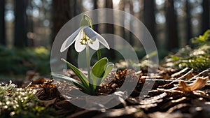Single Snowdrop Flower in Forest Backlight