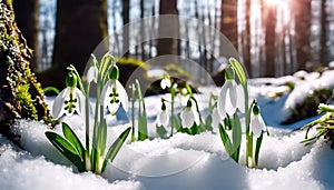 Snowdrop Flowers Blooming in Sunny Spring Forest: Snow Falling, Sun Rising