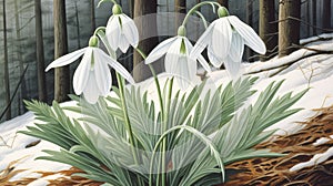 Snowdrop flowers landscape background. Beautiful snowdrops growing in snow in early spring forest illustration of nature