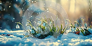 Snowdrop flowers in the snow. First spring flowers. Easter background