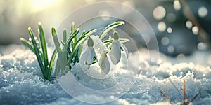 Snowdrop flowers in the snow. First spring flowers. Easter background