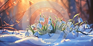 Snowdrop flowers in the snow. First spring flowers. Easter background