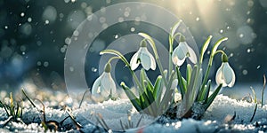 Snowdrop flowers in the snow. First spring flowers. Easter background