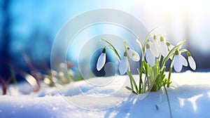Snowdrop flowers in the snow. Spring banner with copy space. Selective focus on snowdrops, blurred background, sunlight.