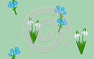 Snowdrop and forget-me-not isolated on a pastel green background. Seamless pattern.