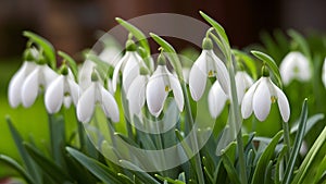 Snowdrop, Galanthus nivalis, blooms in pristine spring white