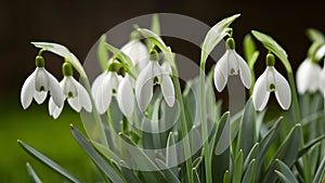 Snowdrop, Galanthus nivalis, blooms in pristine spring white