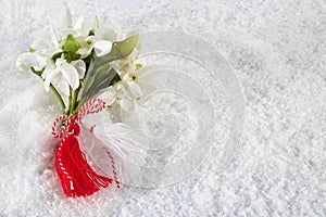 Snowdrops flowers with a red and white martenitsa on a snow background. Martisor and Baba Marta.