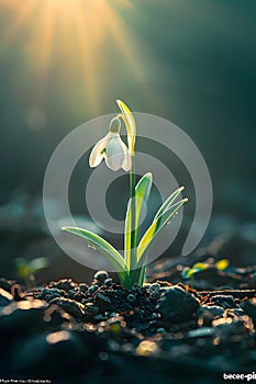 Snowdrops flowers in the snow in garden or forest. First wild flower in sunlight. Spring