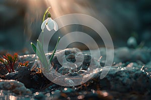 Snowdrops flowers in the snow in garden or forest. First wild flower in sunlight. Spring