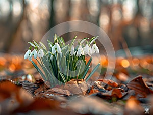 Snowdrops flowers in the snow in garden or forest. First wild flower in sunlight. Spring