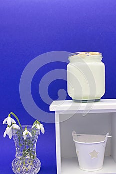 snowdrops and a jar of yogurt on a shelf