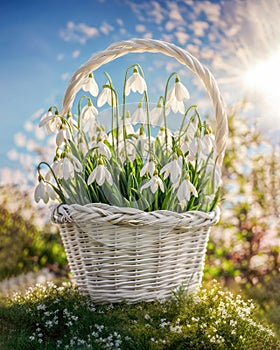 Snowdrops in a white basket on the lawn, spring sunny background