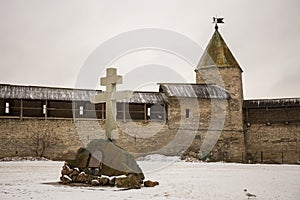 It snowed. It covers an ancient medieval fortress which stands on the banks of the river.