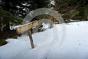 Snowed footpath to La Roche d Ajoux in Beaujolais