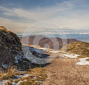 Snowed mountain pathway on the Montseny massif