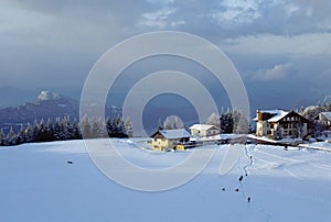 Snowed mountains and Bourget lake in Le Sire. France