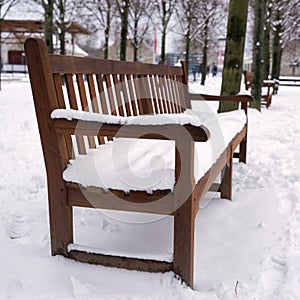 Snowed in park bench in a public park in Magdeburg in Germany