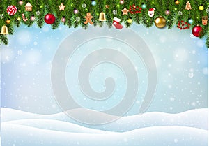 Snowfal lBackground With Blue Sky And Christmas Border