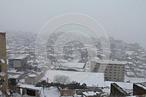 Snowfall in Baku. Badamdar. Azerbaijan. Winter