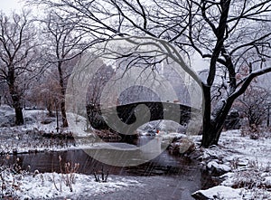 Snowfall in Central park. Gapstow bridge during winter, Central Park, New York City . USA