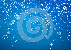Snowfall Christmas background. Flying snow flakes and stars on winter blue sky background. Winter wite snowflake overlay template