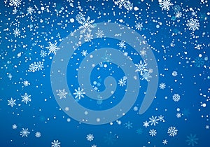 Snowfall Christmas background. Flying snow flakes and stars on winter blue sky background. Winter wite snowflake template. Vector