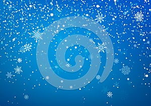 Snowfall Christmas background. Flying snow flakes and stars on winter blue sky background. Winter wite snowflake overlay template photo