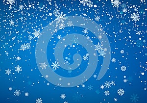 Snowfall Christmas background. Flying snow flakes and stars on winter blue sky background. Winter wite snowflake template. Vector photo