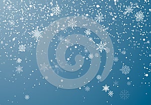 Snowfall Christmas background. Flying snow flakes and stars on winter sky background. Winter wite snowflake overlay template