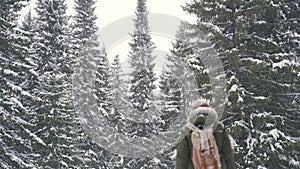 Snowfall in the forest. A man with a backpack is out of focus looking at a snow-covered forest. Christmas winter mood