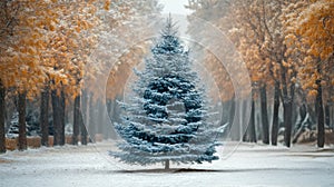 Snowfall gently envelops a frosty pine branch in a tranquil winter wonderland
