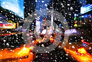 Snowfall. Illumination and night lights of New York City