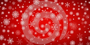 Snowfall Isolated on Holiday Red Background in Realistic Style. Snowflake Wallpaper. Vector Illustration