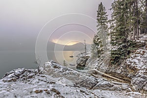 Snowfall on Lake Minnewanka