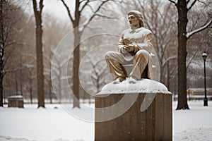 Snowfall on an old stone statue