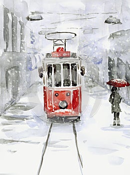 Snowfall and old tram