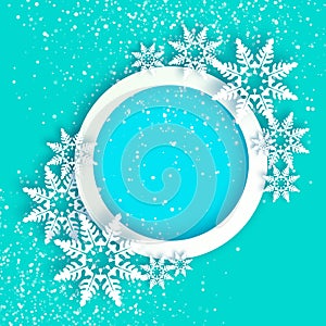 Snowfall. Origami Happy New Year Greetings card. Merry Christmas. White Paper cut snow flake. Winter snowflakes. Circle