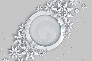 Snowfall. Origami Happy New Year Greetings card. Merry Christmas. White Paper cut snow flake. Winter snowflakes. Circle