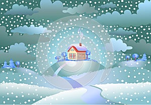 Snowfall over the small house