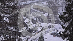 Snowfall over the small mountain town