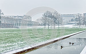 Snowfall on Parc Andre Citroen in Paris