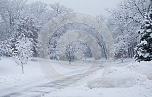 Snowfall in park, snow plow photo